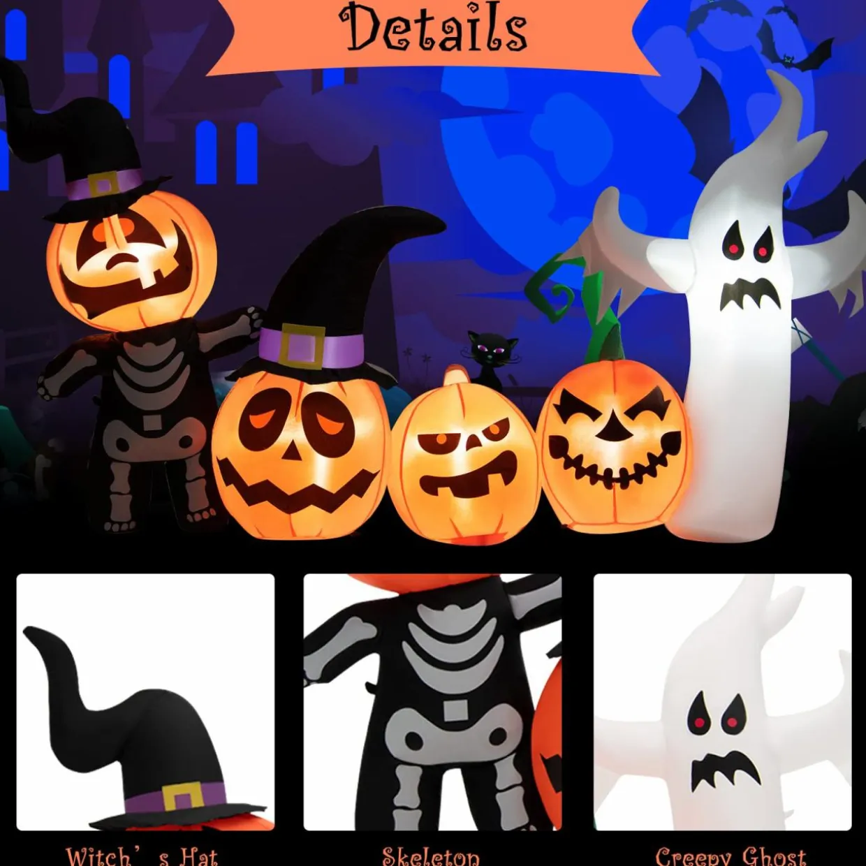 Tangkula 7.5 FT Halloween Inflatable Pumpkin Patch with Ghost, Skeleton & Witches Hats