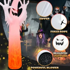 Tangkula 12 FT Halloween Inflatable Ghost W/ Rotating Flame LED Lights, Air Blower, Stake, Sandbag