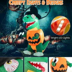 Tangkula 6 FT Halloween Inflatables Pumpkin Dinosaur with Witch Hat, Hook Hand & Built-in LED Lights