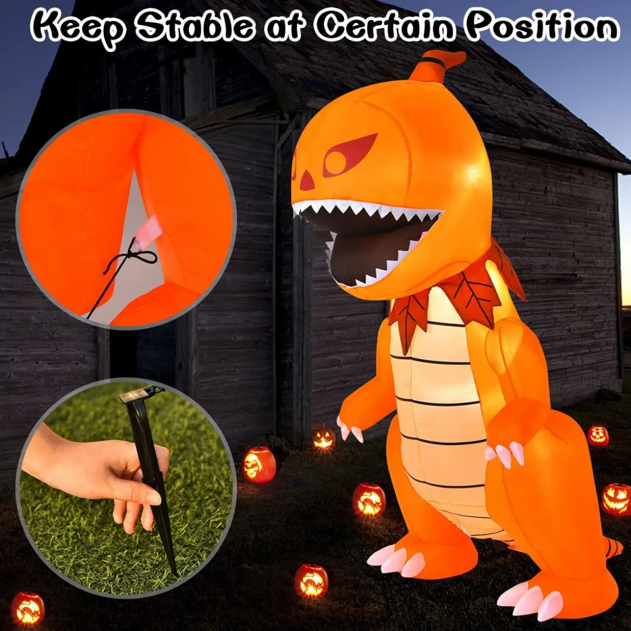 Tangkula 8 FT Halloween Inflatables Pumpkin Head Dinosaur, Large Blow Up Halloween Dinosaur with LED Lights & 4 Stakes