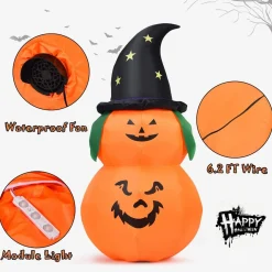 Tangkula 5 Ft Halloween Inflatable Pumpkin with Witch Hat, Blow Up 2 Pumpkins with LED Lights