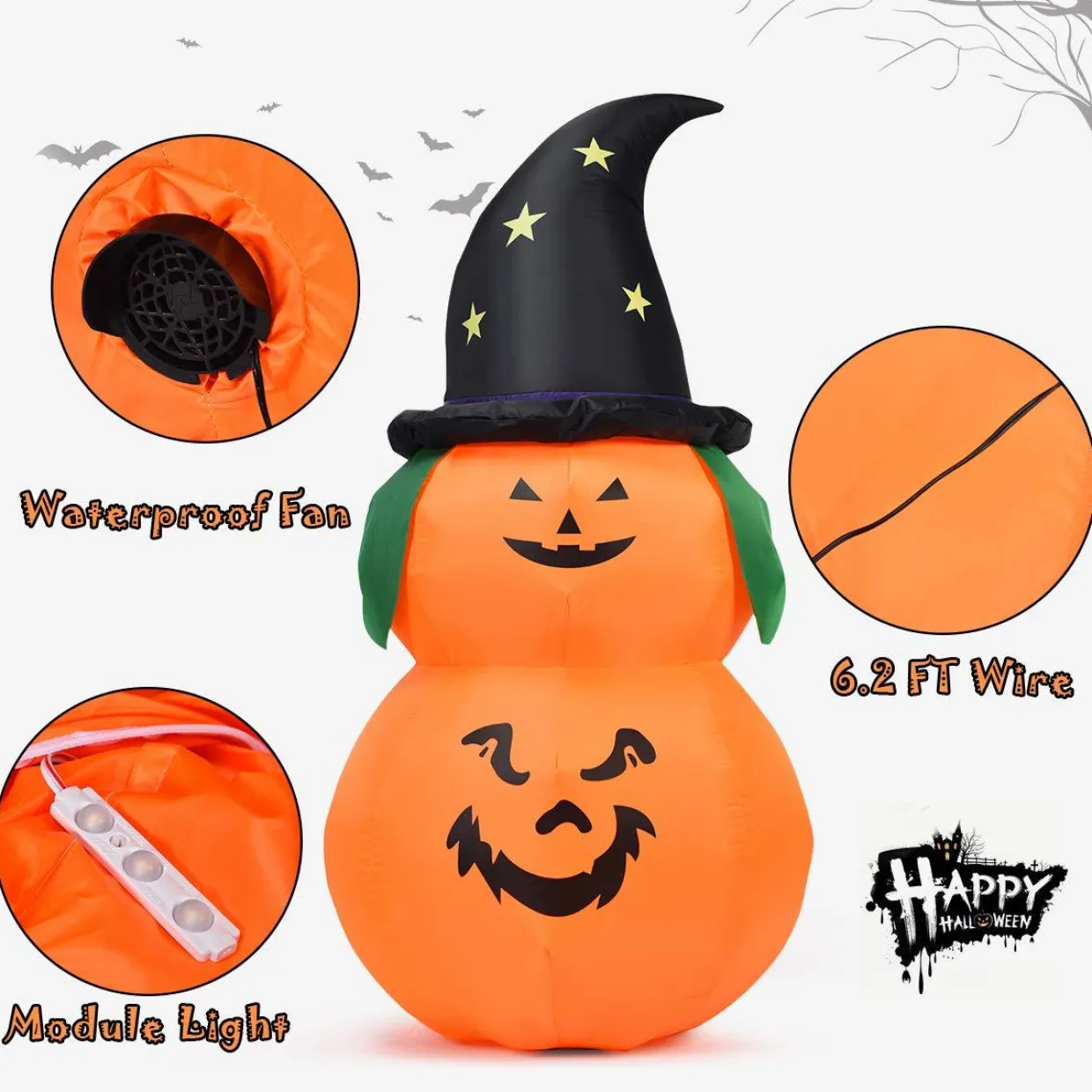 Tangkula 5 Ft Halloween Inflatable Pumpkin with Witch Hat, Blow Up 2 Pumpkins with LED Lights