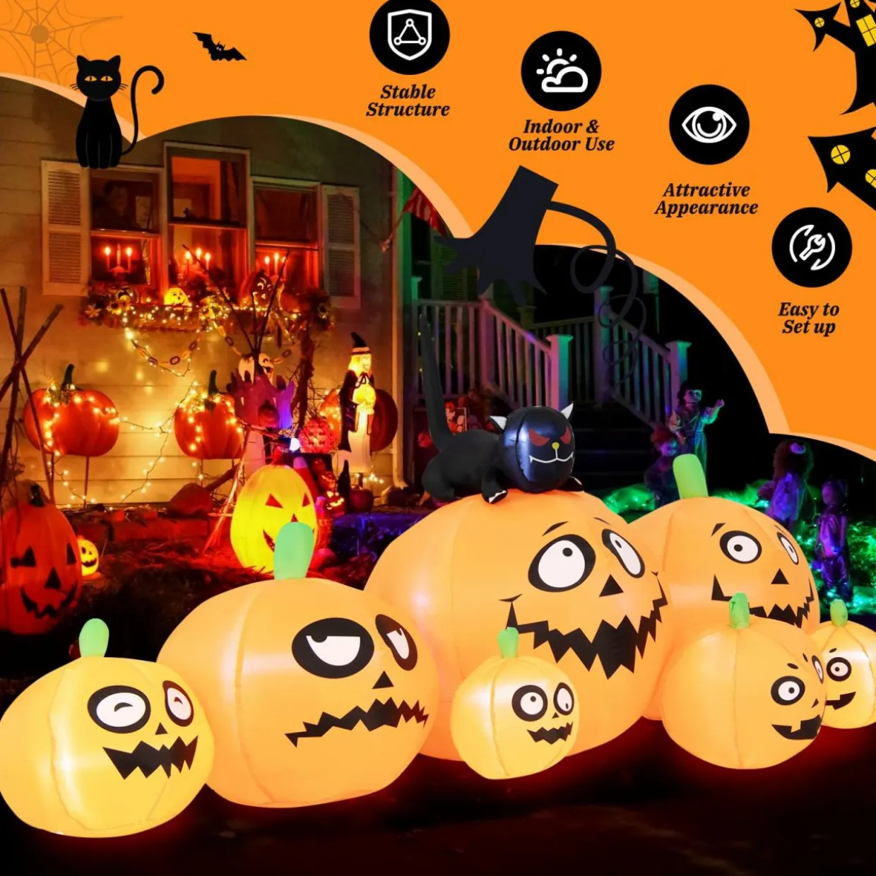 Tangkula 8 FT Halloween Inflatable Pumpkin Patch Lanterns with Witches' Cat
