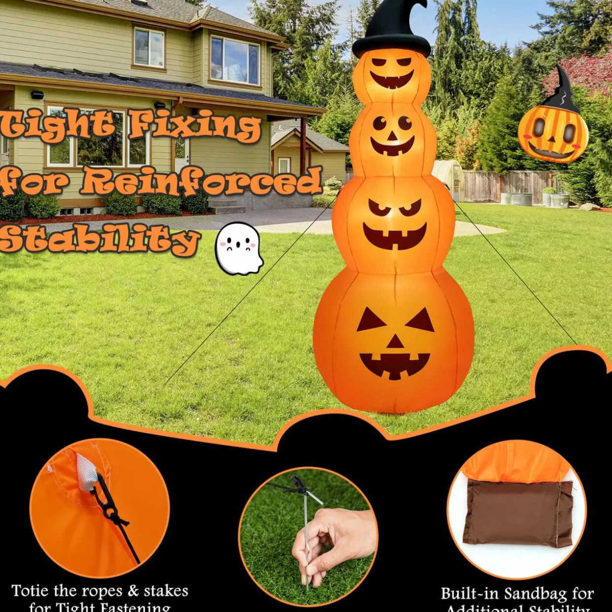 Tangkula 8 FT Halloween Inflatable Pumpkin, 4 Pumpkins Stack Halloween Decorations