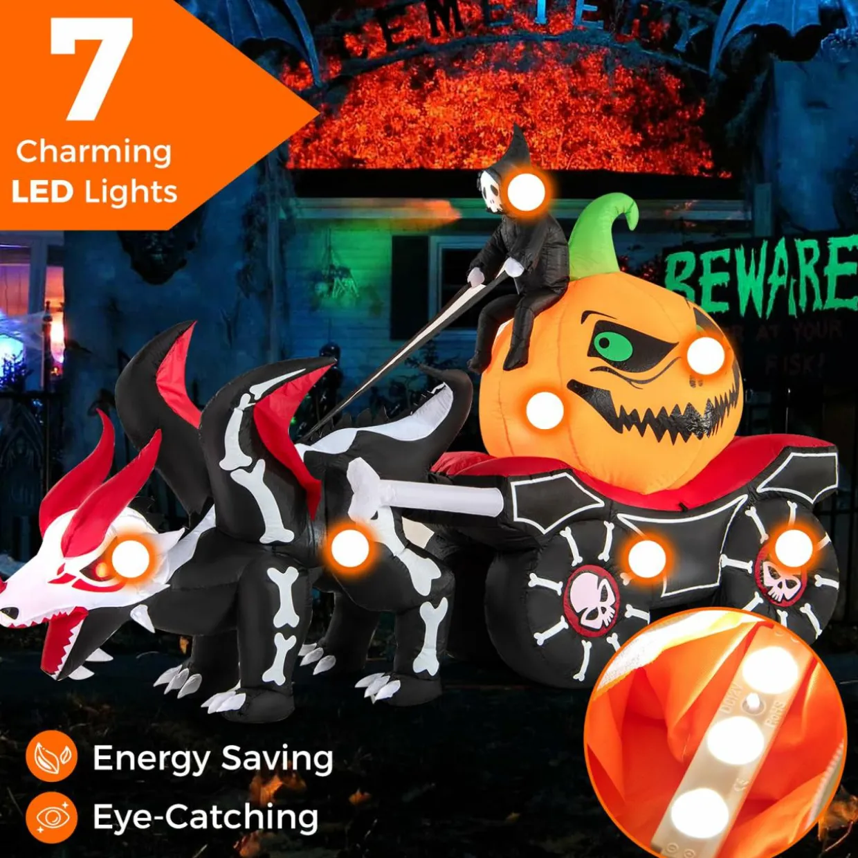 Tangkula 9 FT Halloween Inflatable Grim Reaper Driving Pumpkin Carriage, LED Lighted Carriage with Pumpkin & Skeleton Dragon