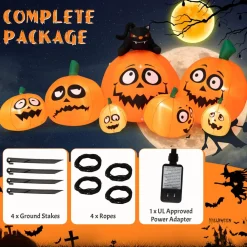 Tangkula 9.5 FT Halloween Inflatable Pumpkin Patch, 7 Pumpkins Family with Witches' Cat