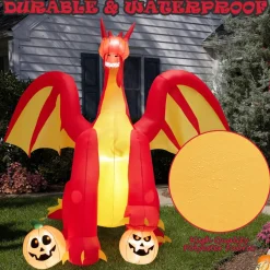 Tangkula 10 FT Halloween Inflatable Giant Fire Dragon, Blow-up Outdoor Halloween Decorations with Built-in LED Lights