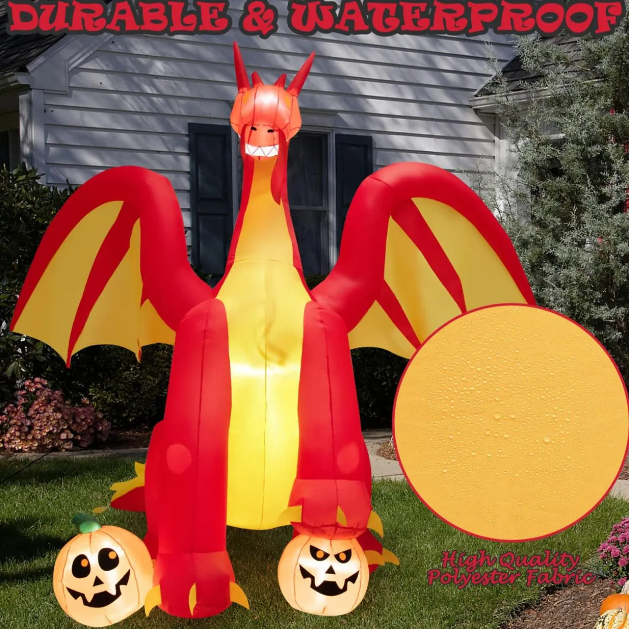 Tangkula 10 FT Halloween Inflatable Giant Fire Dragon, Blow-up Outdoor Halloween Decorations with Built-in LED Lights
