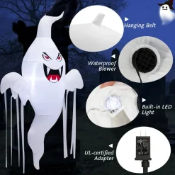 Tangkula 5 FT Halloween Inflatable Hanging Ghost, Blow-up Yard Decoration with Built-in LED Light