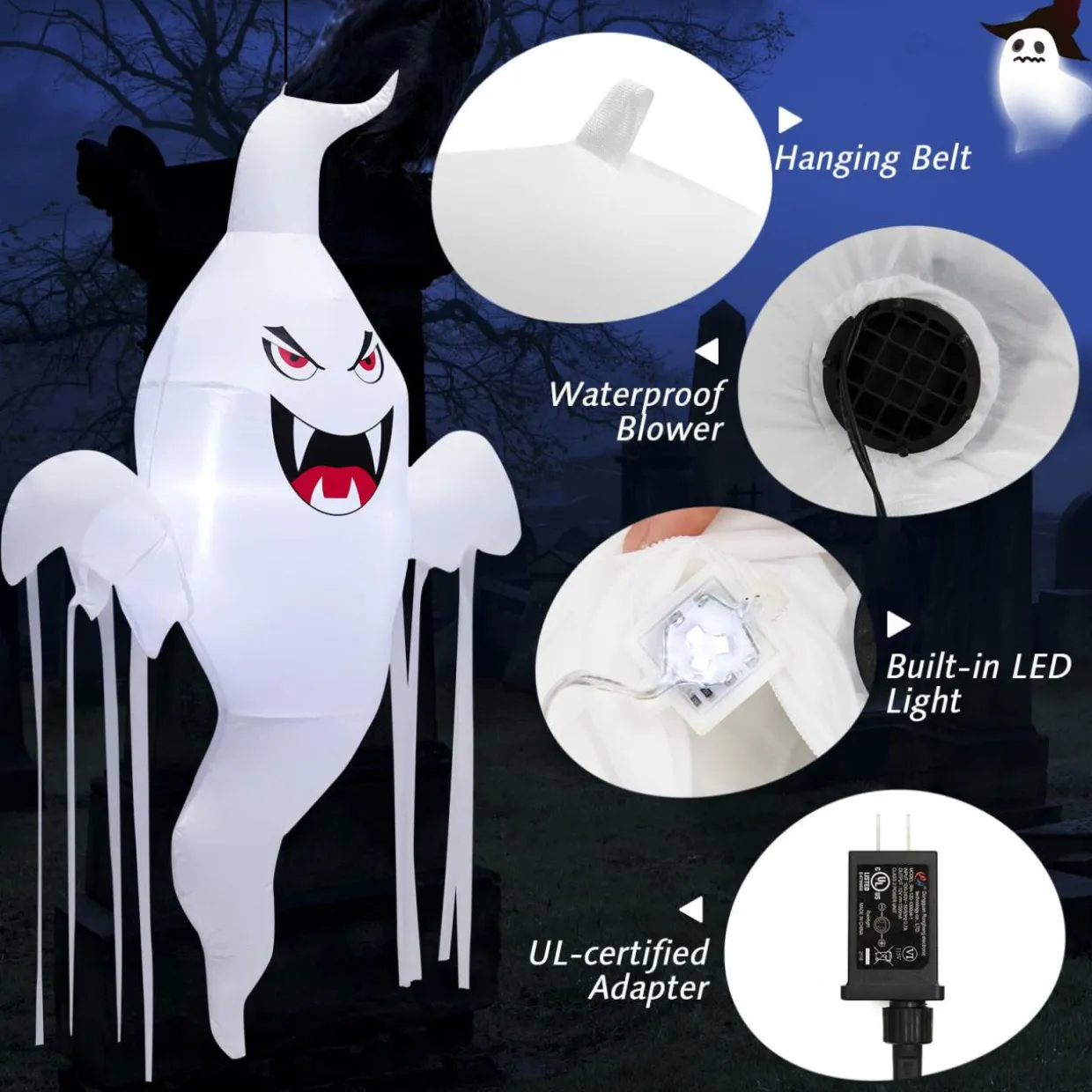 Tangkula 5 FT Halloween Inflatable Hanging Ghost, Blow-up Yard Decoration with Built-in LED Light