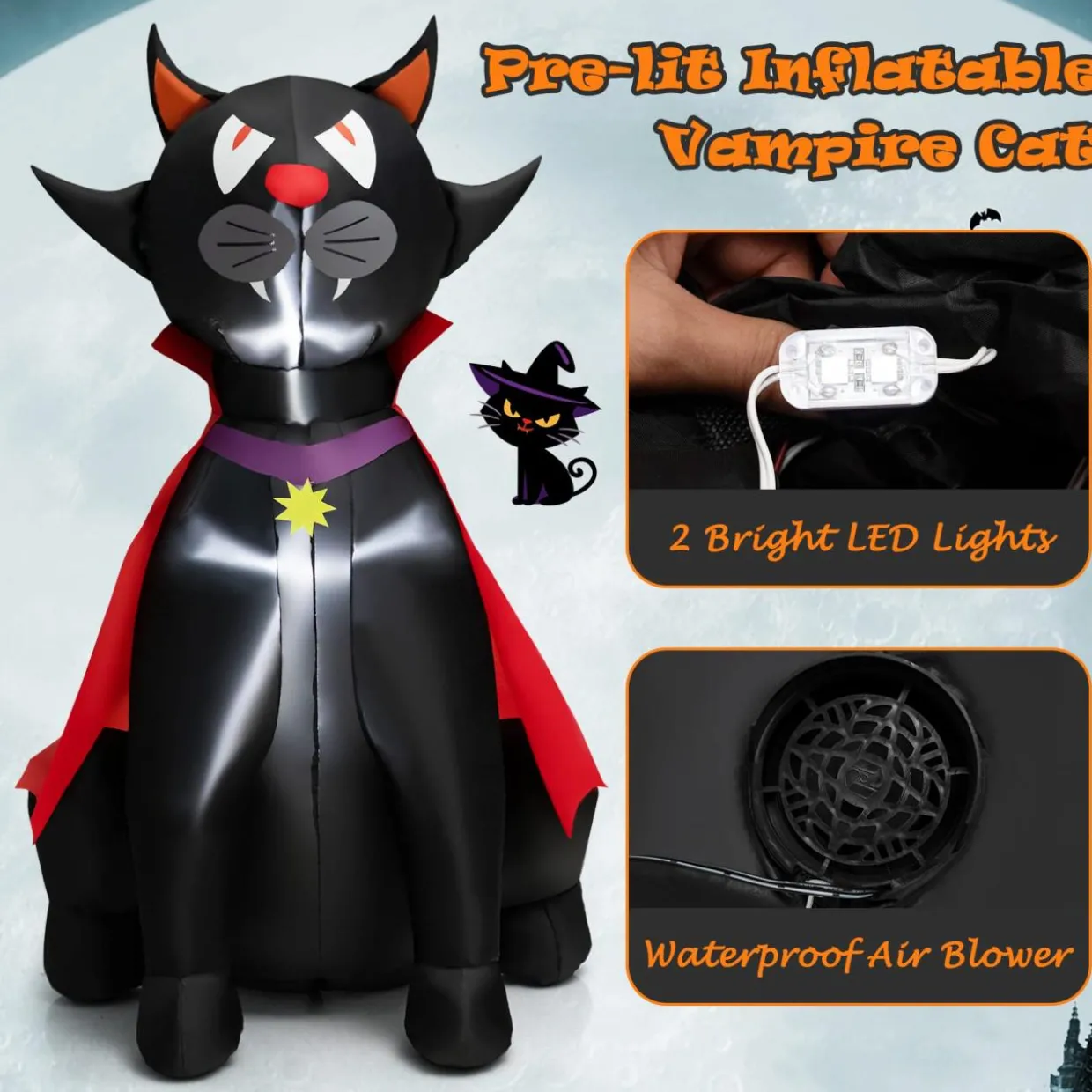 Tangkula 4.7 FT Halloween Inflatable Vampire Black Cat with Red Cloak, Blow-up Holiday Decoration with 2 Built-in LED Lights