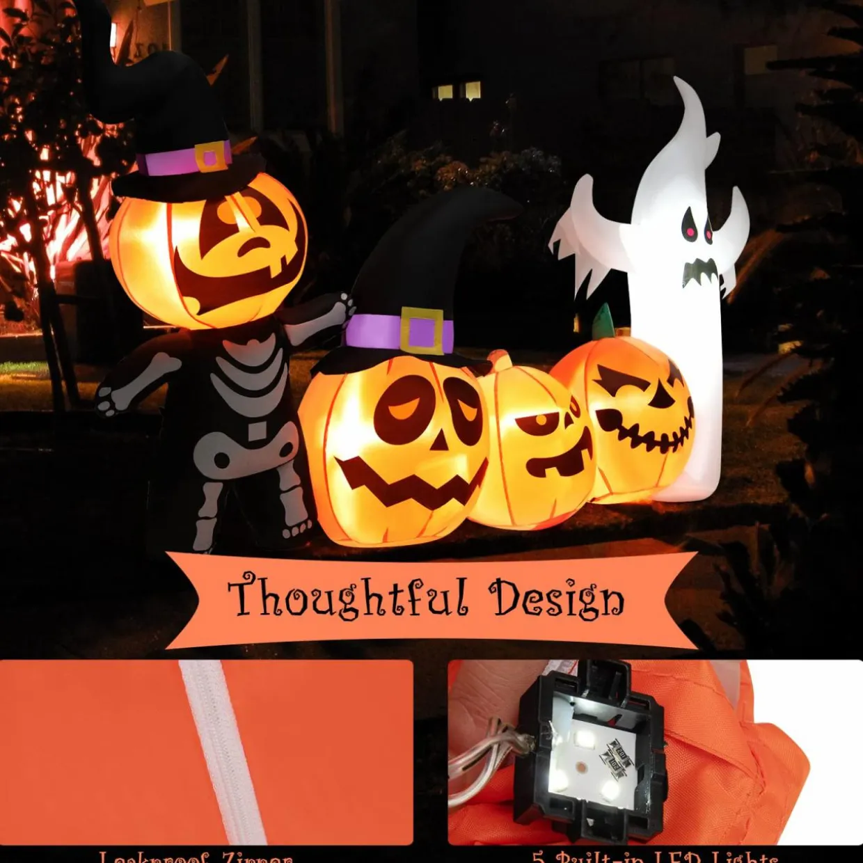 Tangkula 7.5 FT Halloween Inflatable Pumpkin Patch with Ghost, Skeleton & Witches Hats