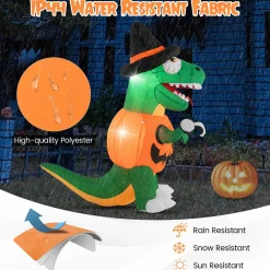 Tangkula 6 FT Halloween Inflatables Pumpkin Dinosaur with Witch Hat, Hook Hand & Built-in LED Lights