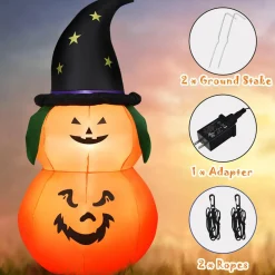 Tangkula 5 Ft Halloween Inflatable Pumpkin with Witch Hat, Blow Up 2 Pumpkins with LED Lights