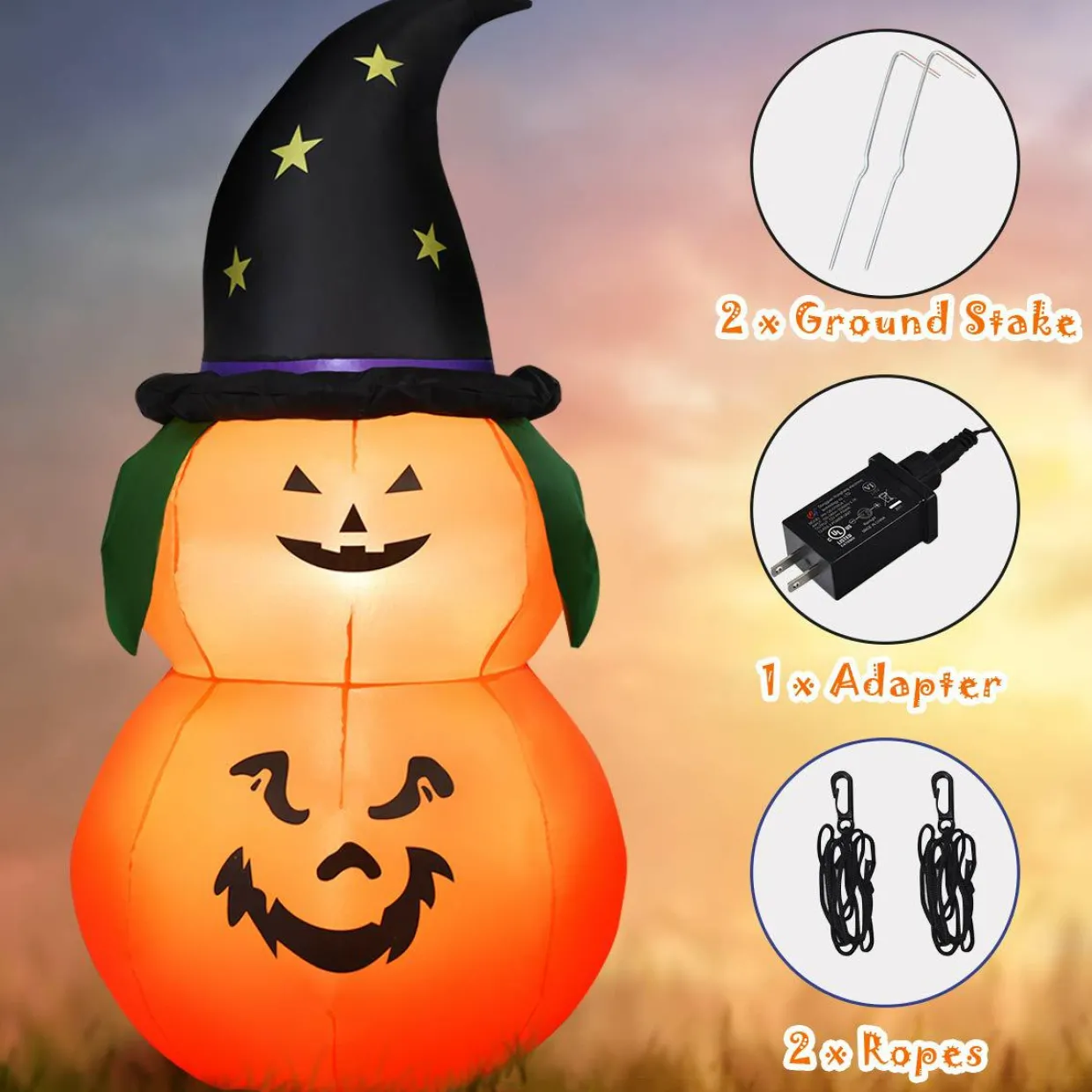 Tangkula 5 Ft Halloween Inflatable Pumpkin with Witch Hat, Blow Up 2 Pumpkins with LED Lights