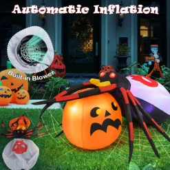 Tangkula 5 FT Halloween Inflatable Spider with Pumpkin, LED Lighted Halloween Decoration with Colorful Rotating Light