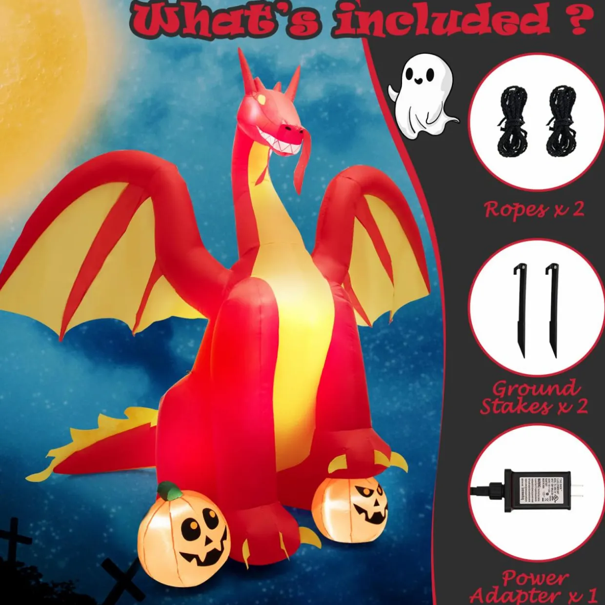 Tangkula 10 FT Halloween Inflatable Giant Fire Dragon, Blow-up Outdoor Halloween Decorations with Built-in LED Lights