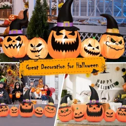 Tangkula 8 Ft Halloween Inflatable Pumpkin Family, Waterproof Halloween Yard Decoration with Built-in LED Lights, Sandbag
