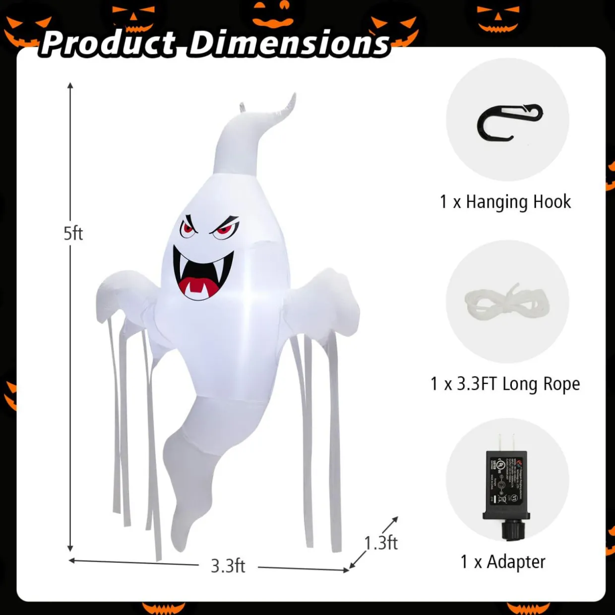 Tangkula 5 FT Halloween Inflatable Hanging Ghost, Blow-up Yard Decoration with Built-in LED Light