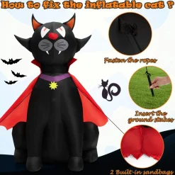 Tangkula 4.7 FT Halloween Inflatable Vampire Black Cat with Red Cloak, Blow-up Holiday Decoration with 2 Built-in LED Lights
