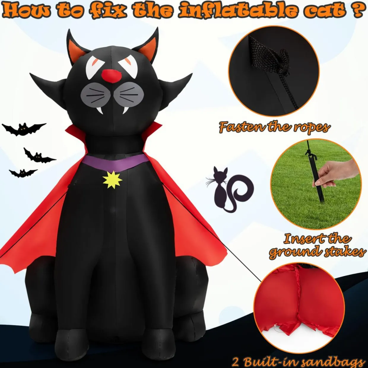 Tangkula 4.7 FT Halloween Inflatable Vampire Black Cat with Red Cloak, Blow-up Holiday Decoration with 2 Built-in LED Lights
