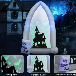 Tangkula 7 FT Halloween Inflatable Tombstone with Bat Lighting Effects