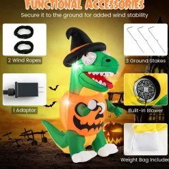Tangkula 6 FT Halloween Inflatables Pumpkin Dinosaur with Witch Hat, Hook Hand & Built-in LED Lights