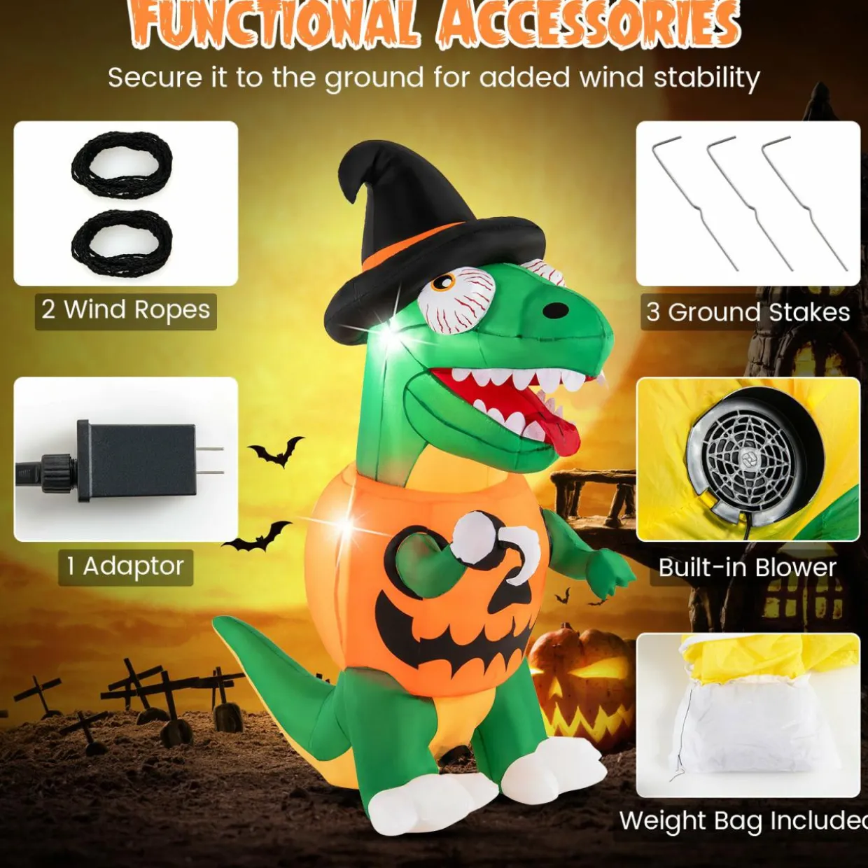 Tangkula 6 FT Halloween Inflatables Pumpkin Dinosaur with Witch Hat, Hook Hand & Built-in LED Lights