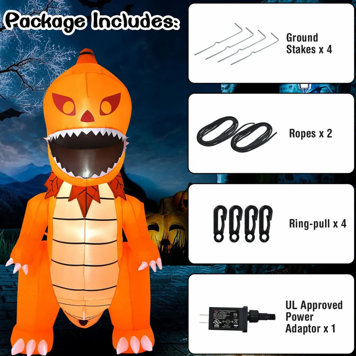 Tangkula 8 FT Halloween Inflatables Pumpkin Head Dinosaur, Large Blow Up Halloween Dinosaur with LED Lights & 4 Stakes