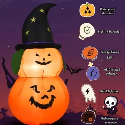 Tangkula 5 Ft Halloween Inflatable Pumpkin with Witch Hat, Blow Up 2 Pumpkins with LED Lights