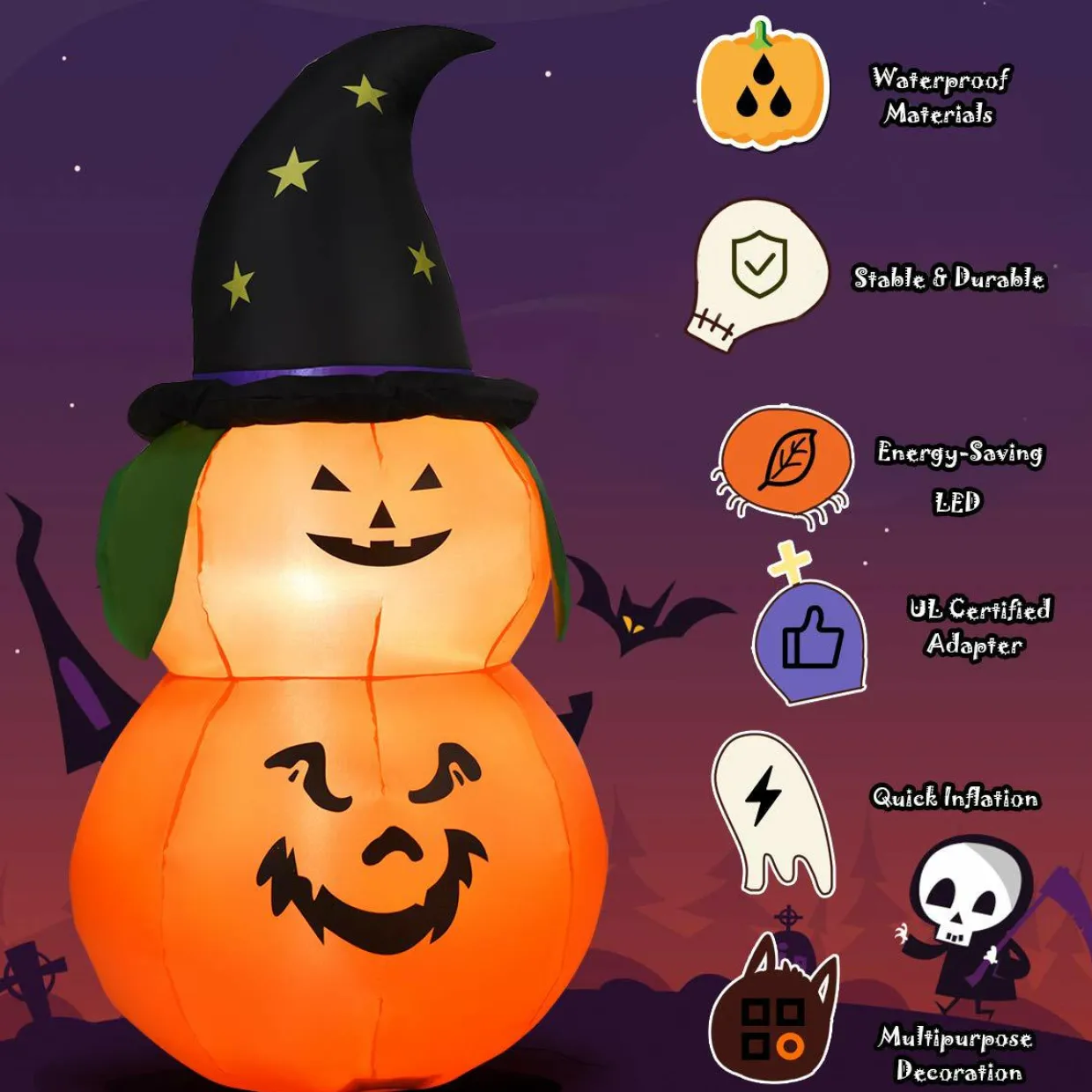 Tangkula 5 Ft Halloween Inflatable Pumpkin with Witch Hat, Blow Up 2 Pumpkins with LED Lights