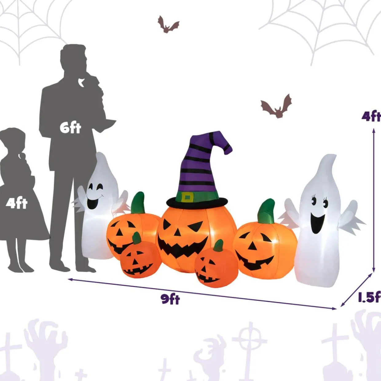 Tangkula 9 FT Halloween Inflatable Pumpkin Ghost, Spooky Lighted Holiday Decoration w/ Witch's Hat,
