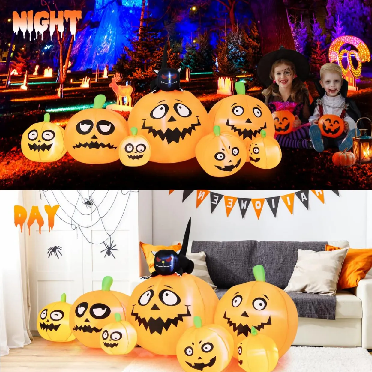 Tangkula 8 FT Halloween Inflatable Pumpkin Patch Lanterns with Witches' Cat