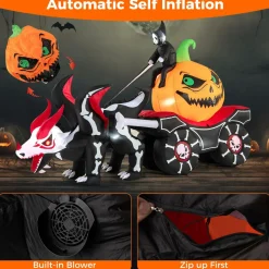 Tangkula 9 FT Halloween Inflatable Grim Reaper Driving Pumpkin Carriage, LED Lighted Carriage with Pumpkin & Skeleton Dragon