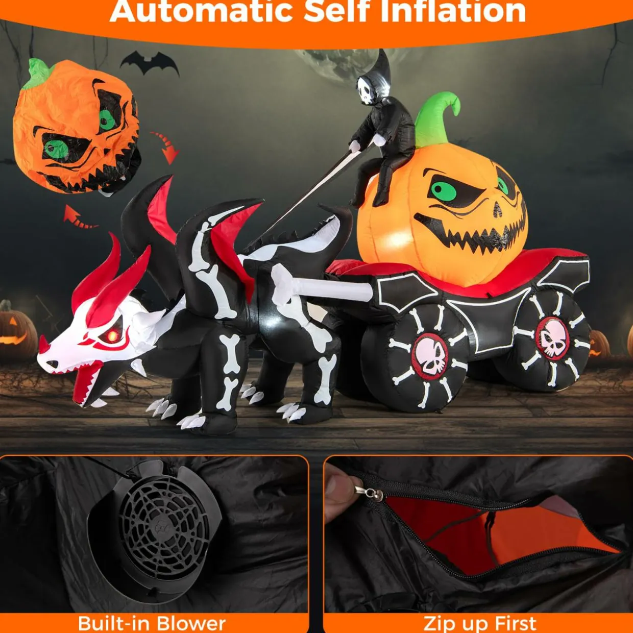 Tangkula 9 FT Halloween Inflatable Grim Reaper Driving Pumpkin Carriage, LED Lighted Carriage with Pumpkin & Skeleton Dragon