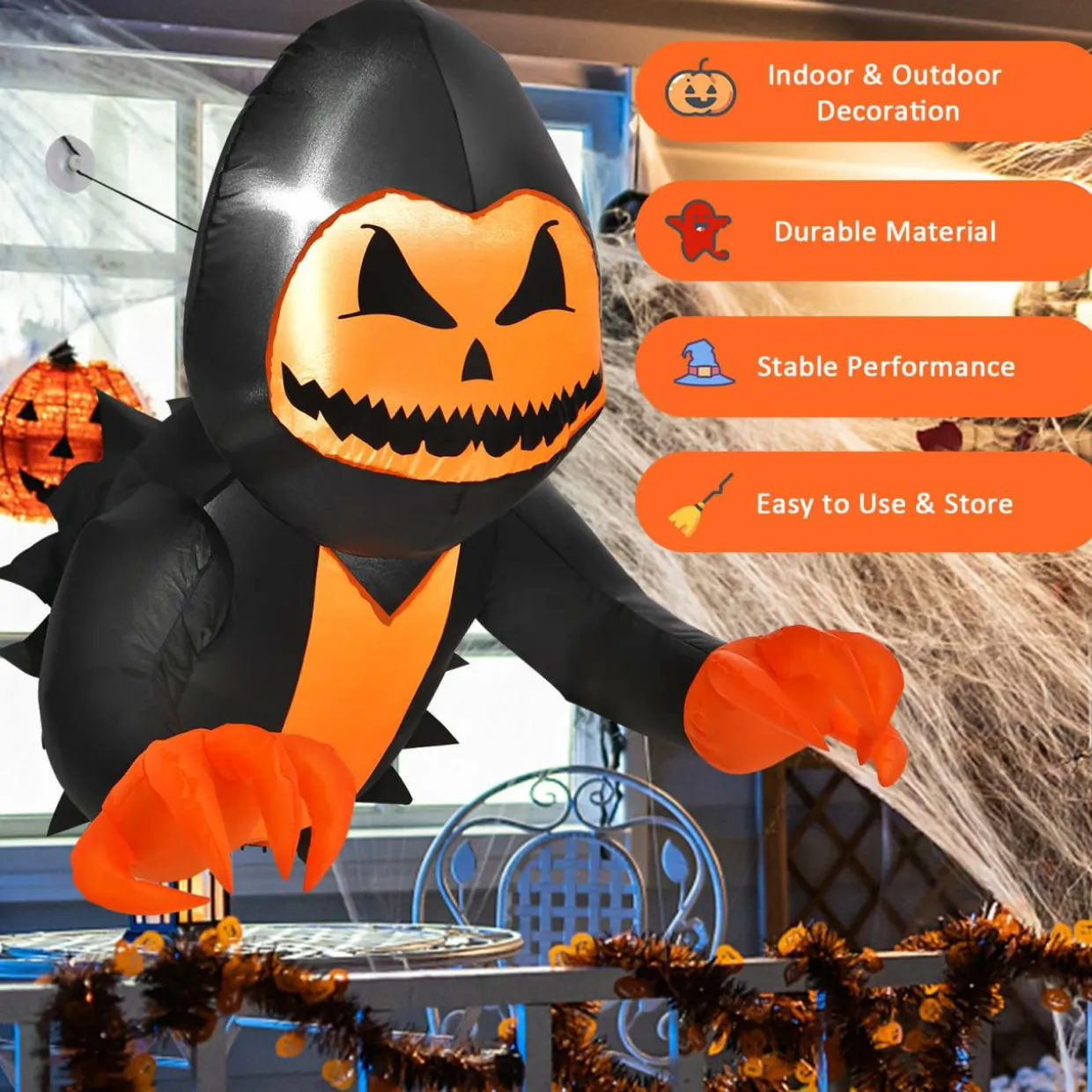 Tangkula 3.3 FT Halloween Inflatable Pumpkin Head Ghost Broke Out from Window