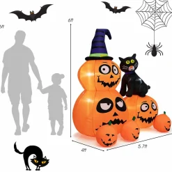 Tangkula 6 FT Halloween Inflatable Pumpkin Patch with Black Witch's Cat