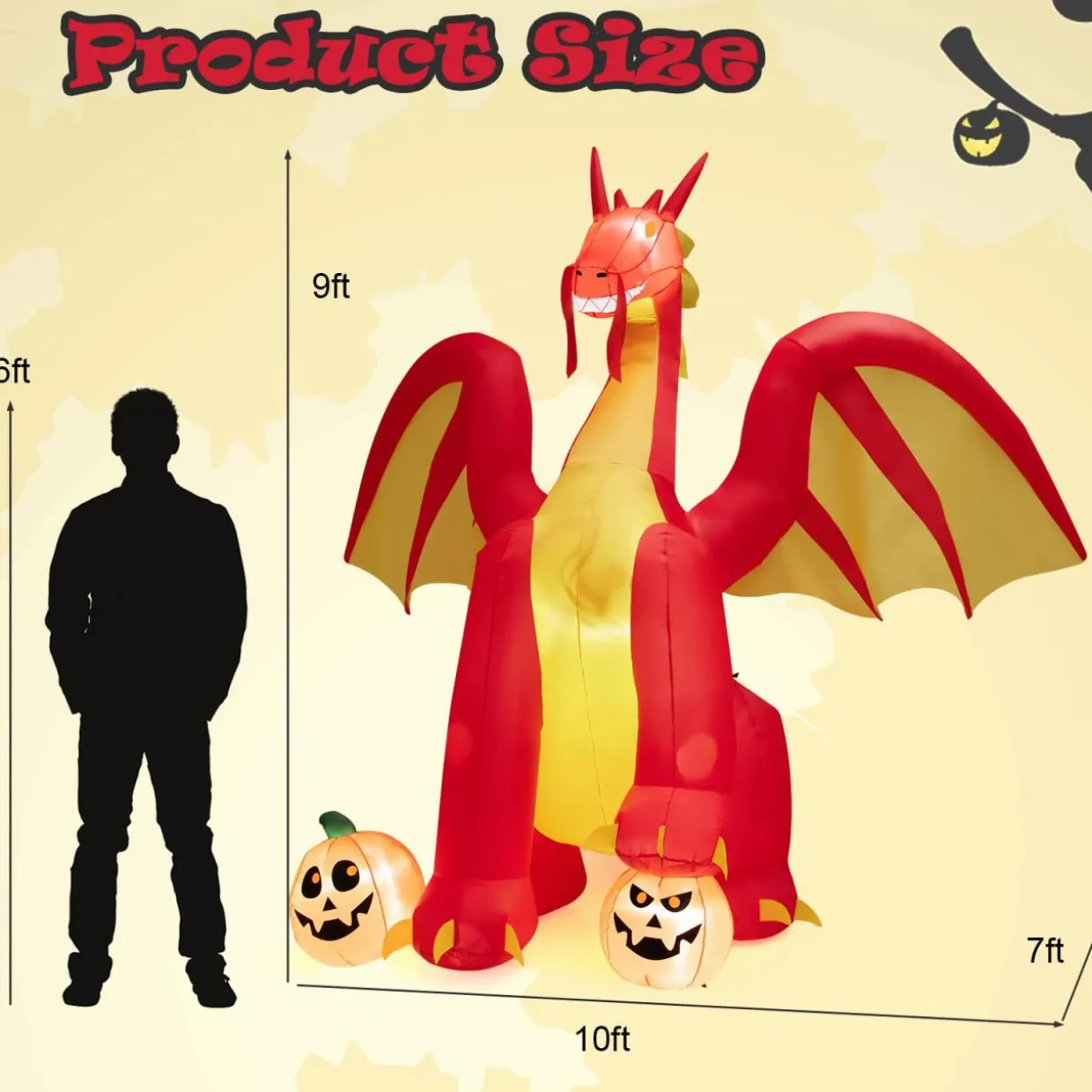 Tangkula 10 FT Halloween Inflatable Giant Fire Dragon, Blow-up Outdoor Halloween Decorations with Built-in LED Lights