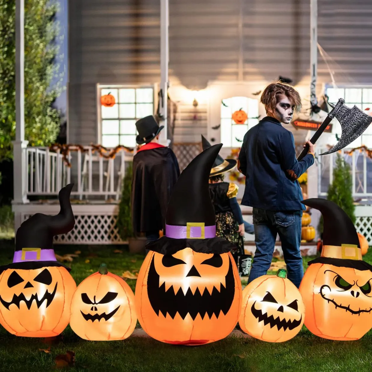 Tangkula 8 Ft Halloween Inflatable Pumpkin Family, Waterproof Halloween Yard Decoration with Built-in LED Lights, Sandbag