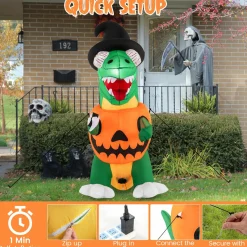Tangkula 6 FT Halloween Inflatables Pumpkin Dinosaur with Witch Hat, Hook Hand & Built-in LED Lights
