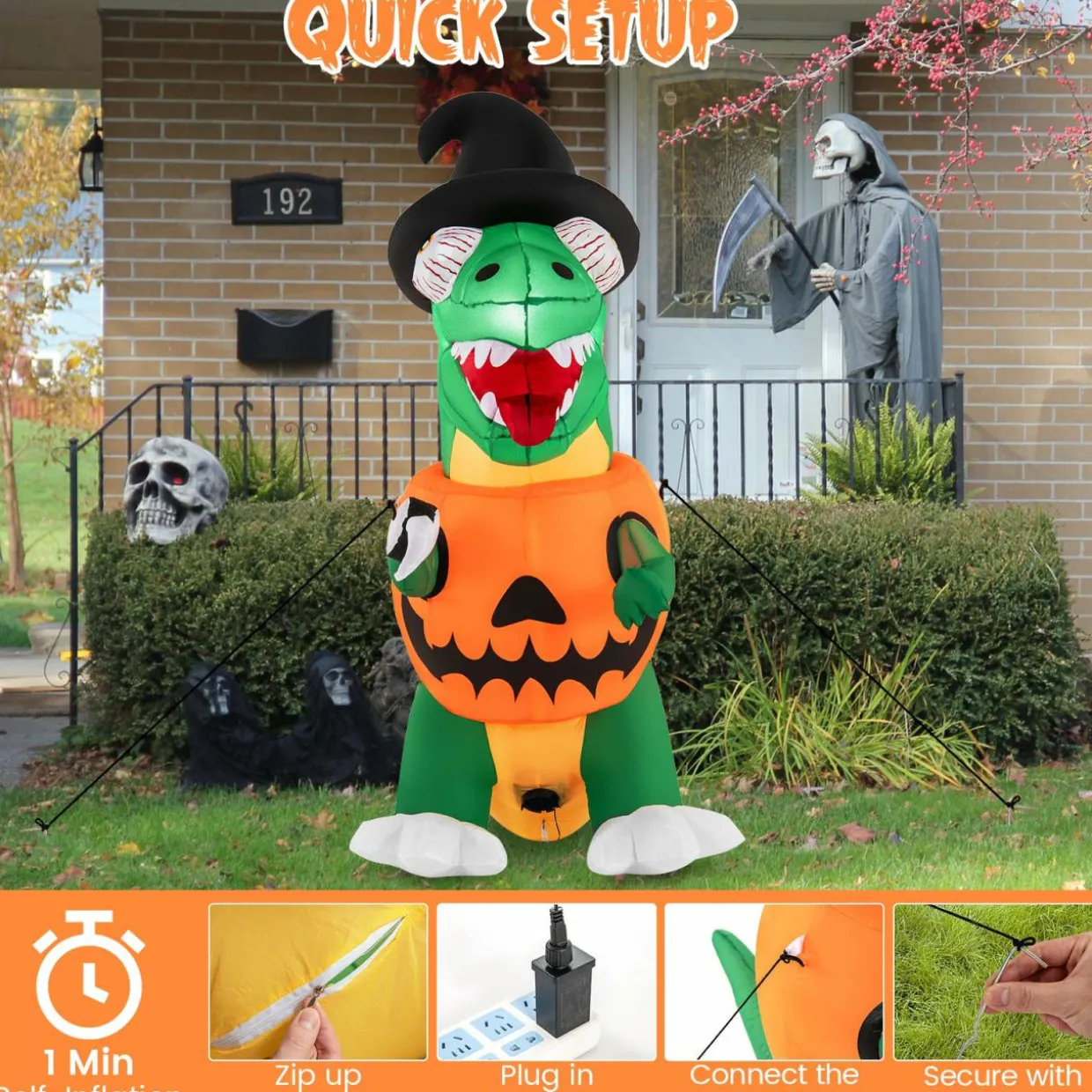 Tangkula 6 FT Halloween Inflatables Pumpkin Dinosaur with Witch Hat, Hook Hand & Built-in LED Lights