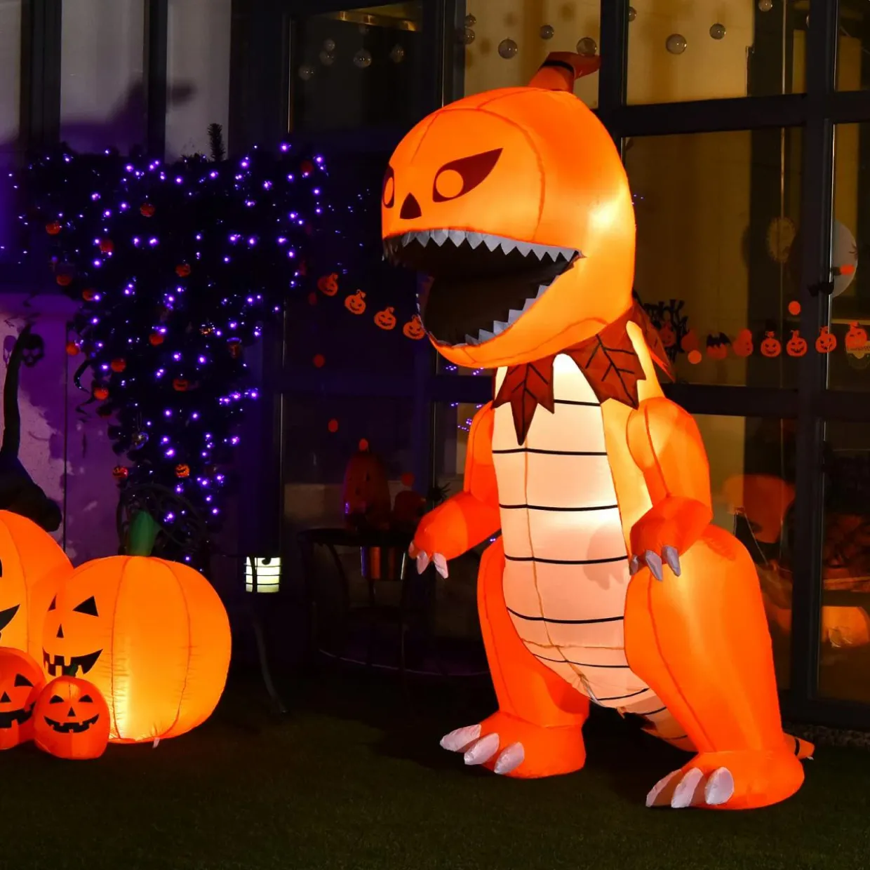 Tangkula 8 FT Halloween Inflatables Pumpkin Head Dinosaur, Large Blow Up Halloween Dinosaur with LED Lights & 4 Stakes