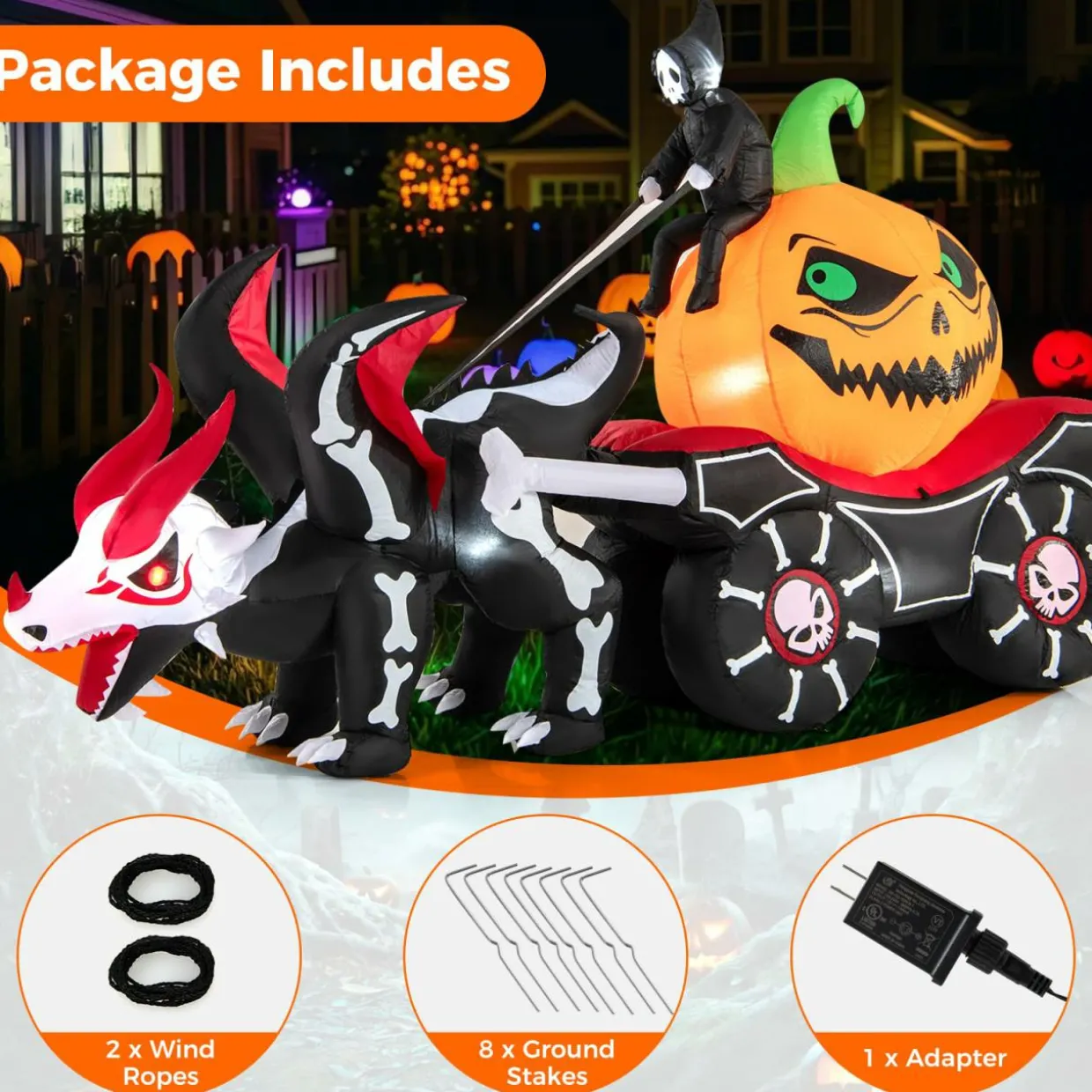 Tangkula 9 FT Halloween Inflatable Grim Reaper Driving Pumpkin Carriage, LED Lighted Carriage with Pumpkin & Skeleton Dragon