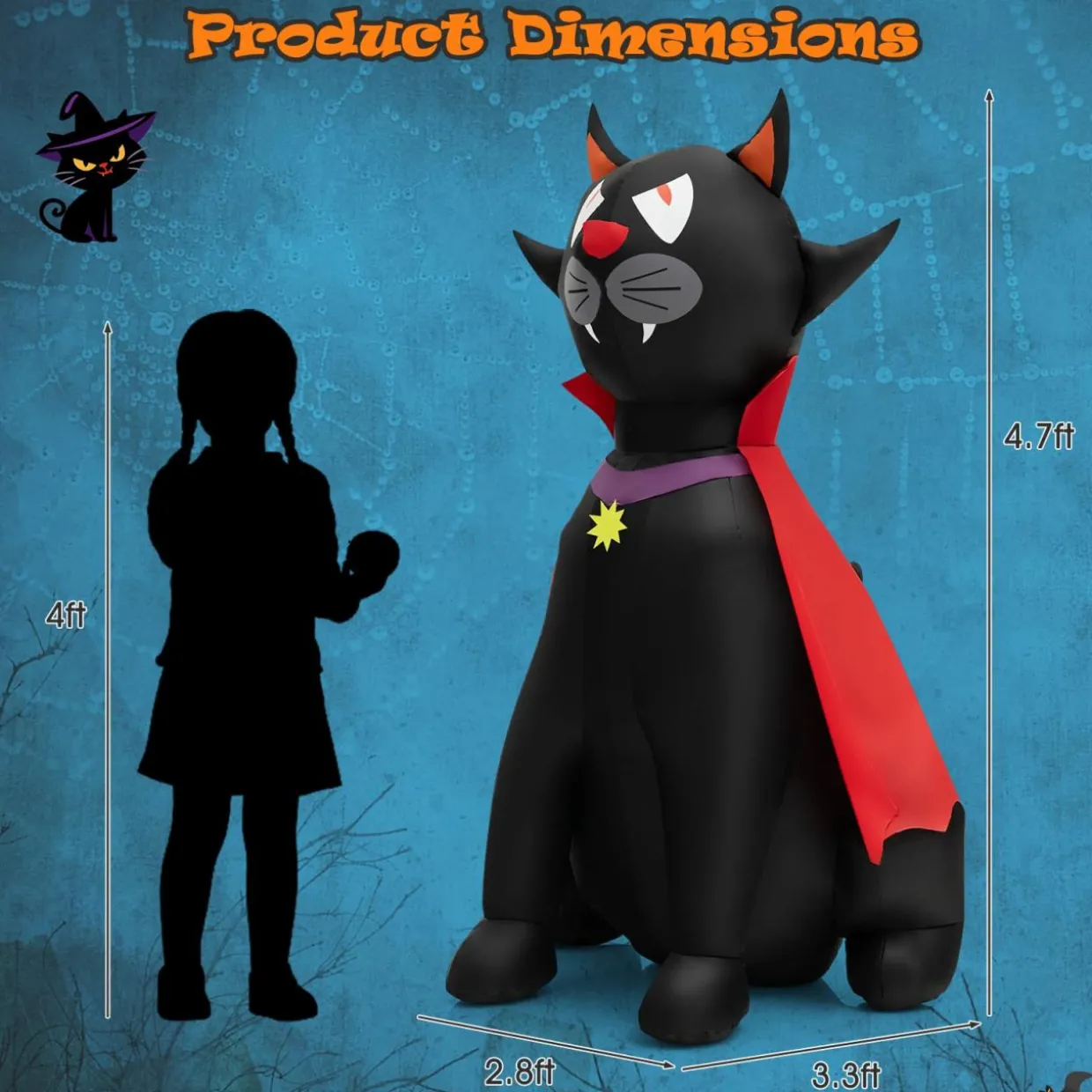 Tangkula 4.7 FT Halloween Inflatable Vampire Black Cat with Red Cloak, Blow-up Holiday Decoration with 2 Built-in LED Lights