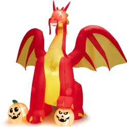Tangkula 10 FT Halloween Inflatable Giant Fire Dragon, Blow-up Outdoor Halloween Decorations with Built-in LED Lights