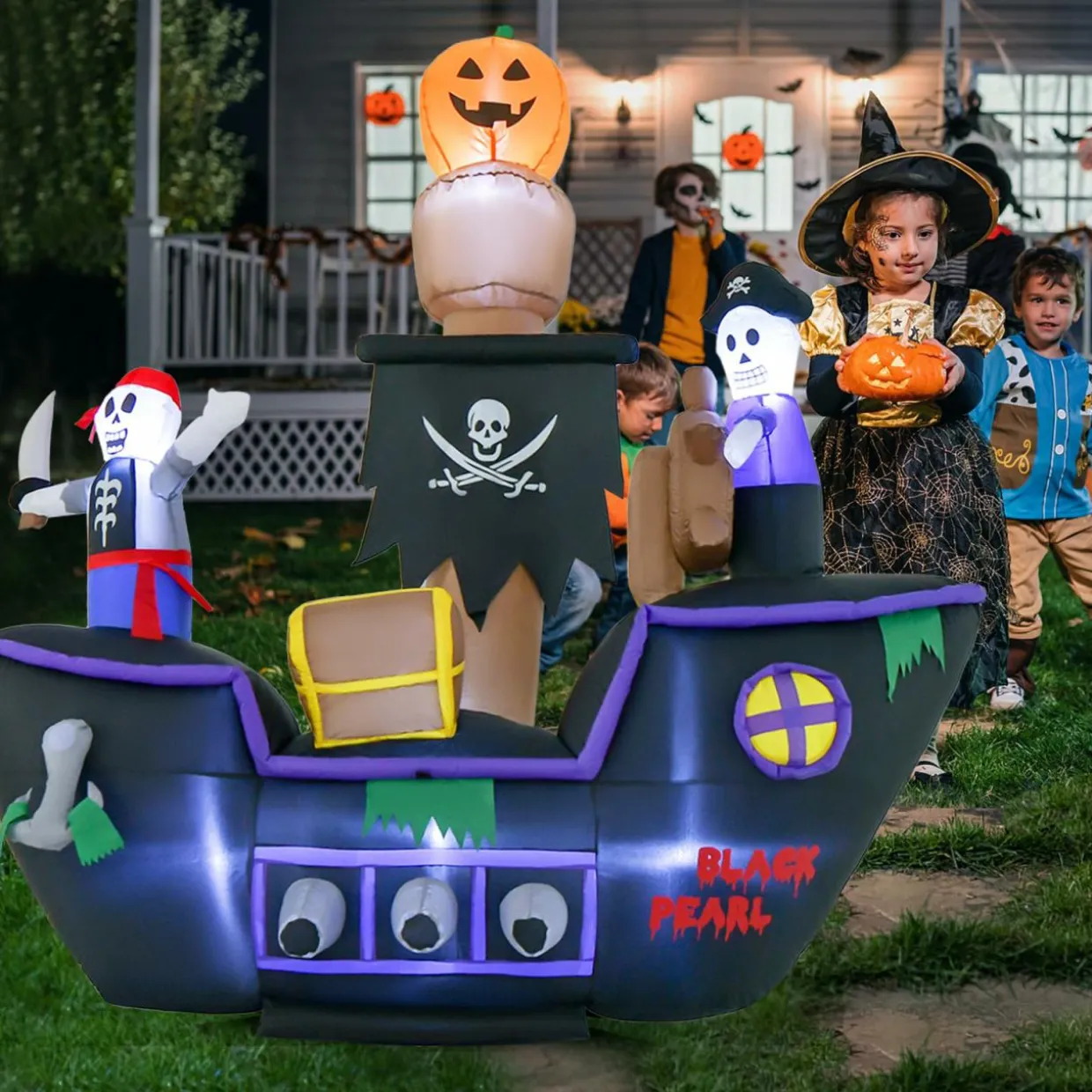 Tangkula 7 FT Halloween Inflatable Skeletons Ghosts On Pirate Ship