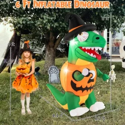 Tangkula 6 FT Halloween Inflatables Pumpkin Dinosaur with Witch Hat, Hook Hand & Built-in LED Lights