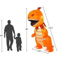 Tangkula 8 FT Halloween Inflatables Pumpkin Head Dinosaur, Large Blow Up Halloween Dinosaur with LED Lights & 4 Stakes