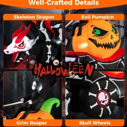 Tangkula 9 FT Halloween Inflatable Grim Reaper Driving Pumpkin Carriage, LED Lighted Carriage with Pumpkin & Skeleton Dragon