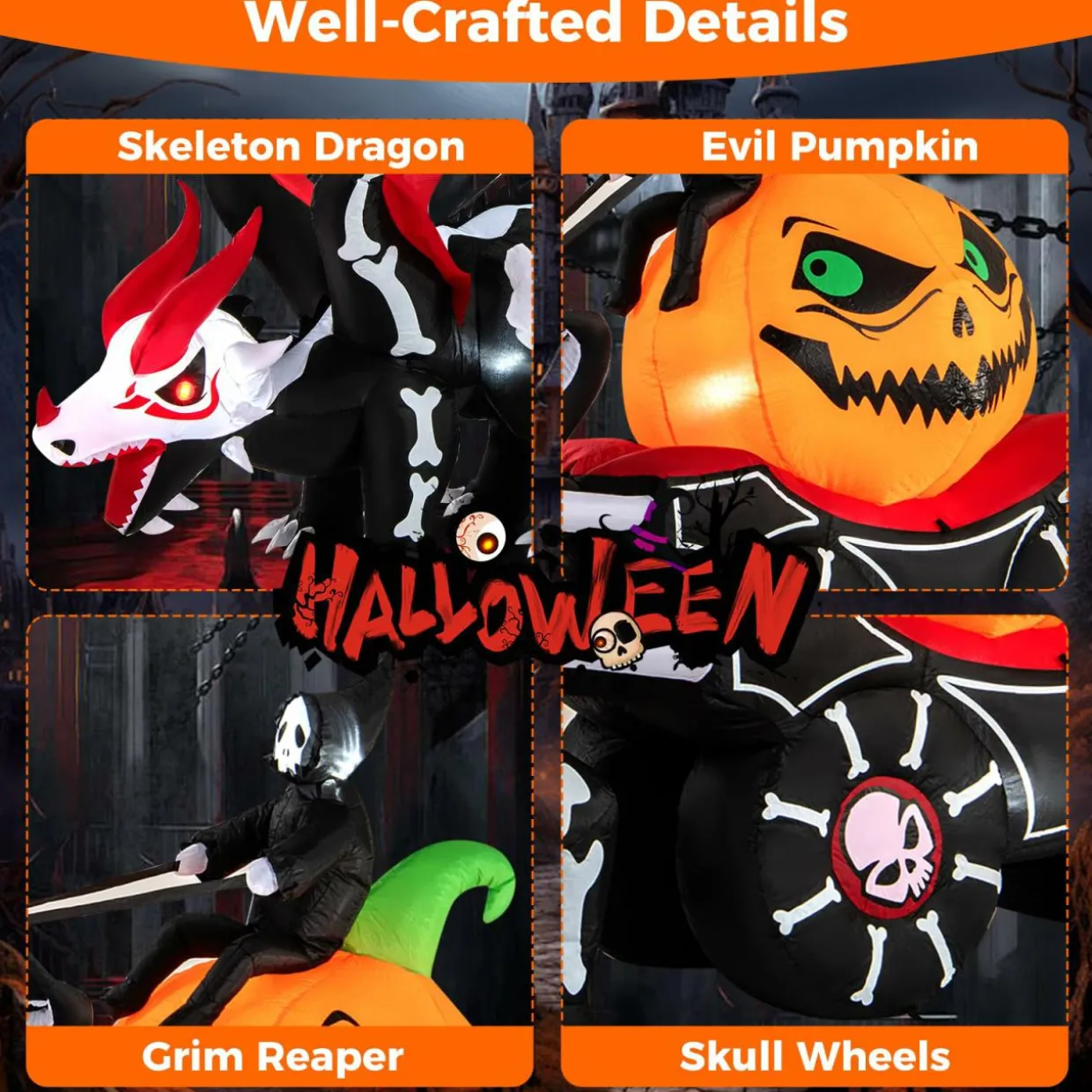 Tangkula 9 FT Halloween Inflatable Grim Reaper Driving Pumpkin Carriage, LED Lighted Carriage with Pumpkin & Skeleton Dragon